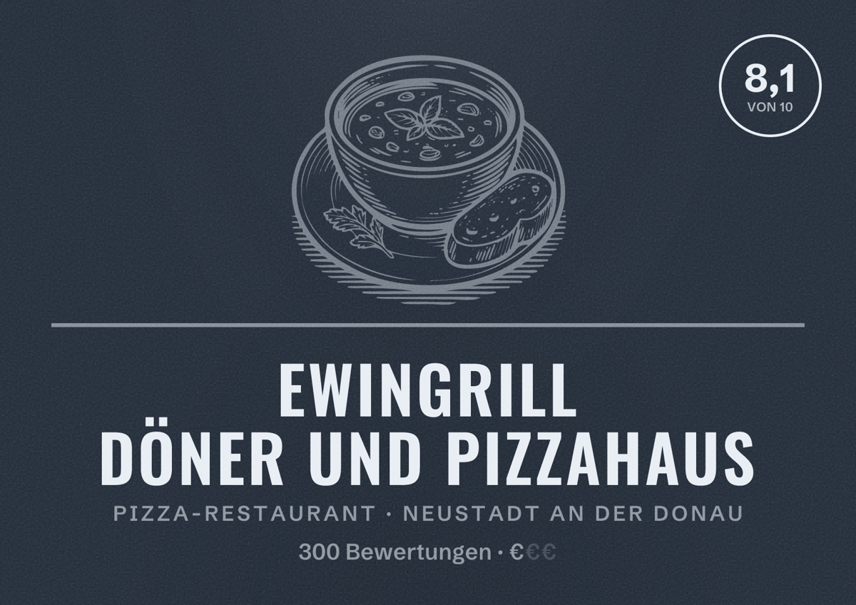 Illustriertes Poster von Ewingrill Döner und Pizzahaus, Pizza-Restaurant in Neustadt an der Donau: Bewertung 8,1 von 10 aus 300 Bewertungen, Preisniveau €