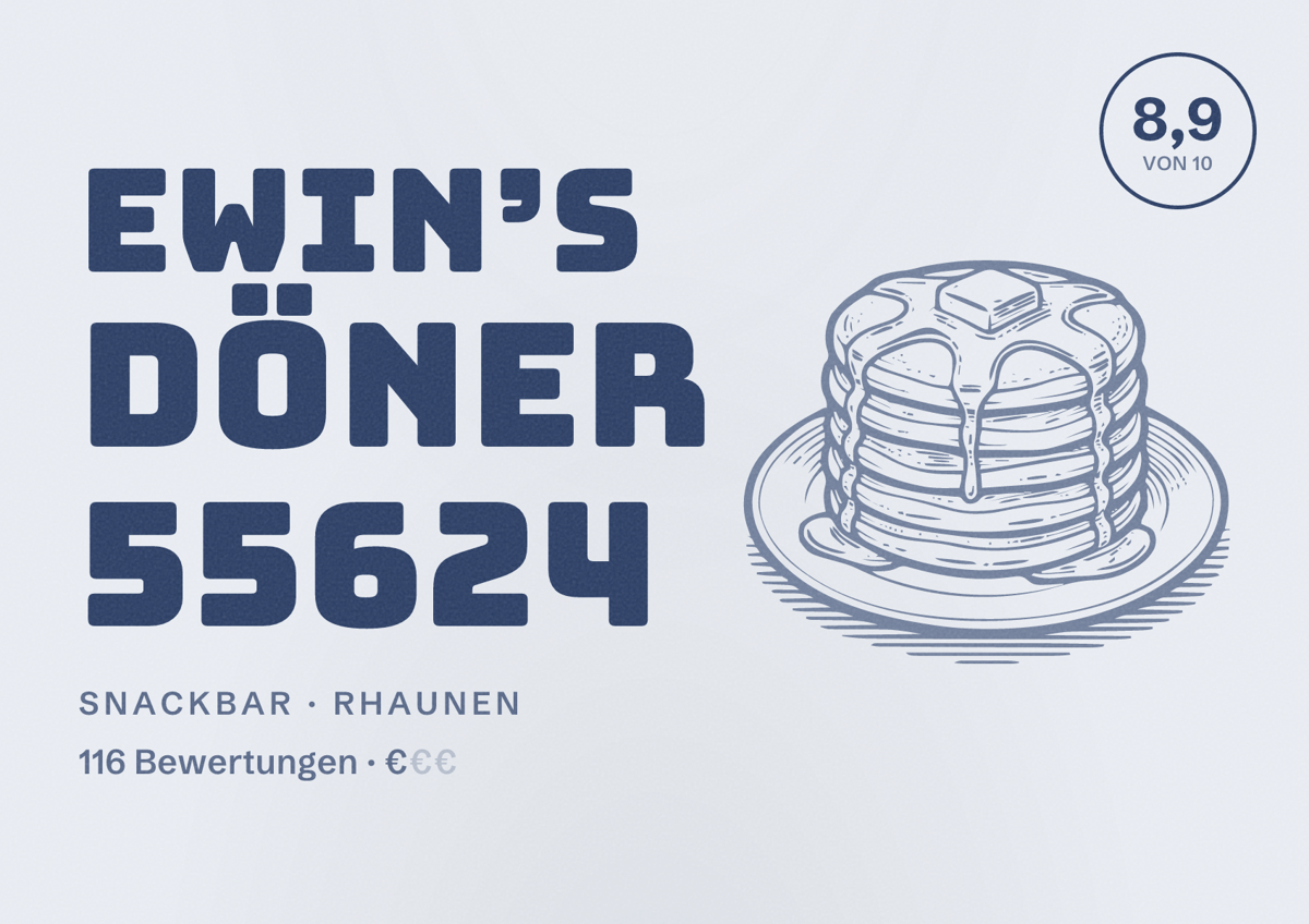 Illustriertes Poster von Ewin’s Döner 55624, Snackbar in Rhaunen: Bewertung 8,9 von 10 aus 116 Bewertungen, Preisniveau €