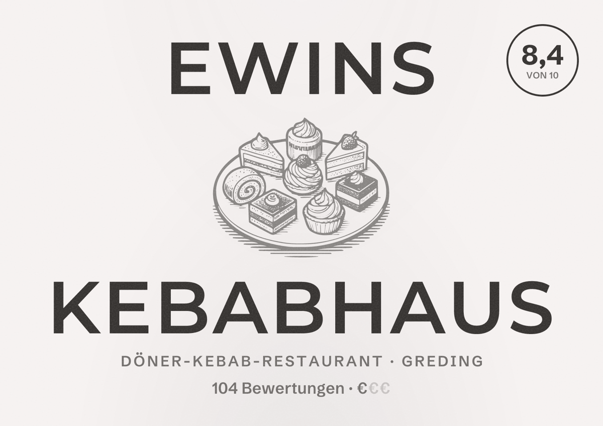 Illustriertes Poster von Ewins Kebabhaus, Döner-Kebab-Restaurant in Greding: Bewertung 8,4 von 10 aus 104 Bewertungen, Preisniveau €