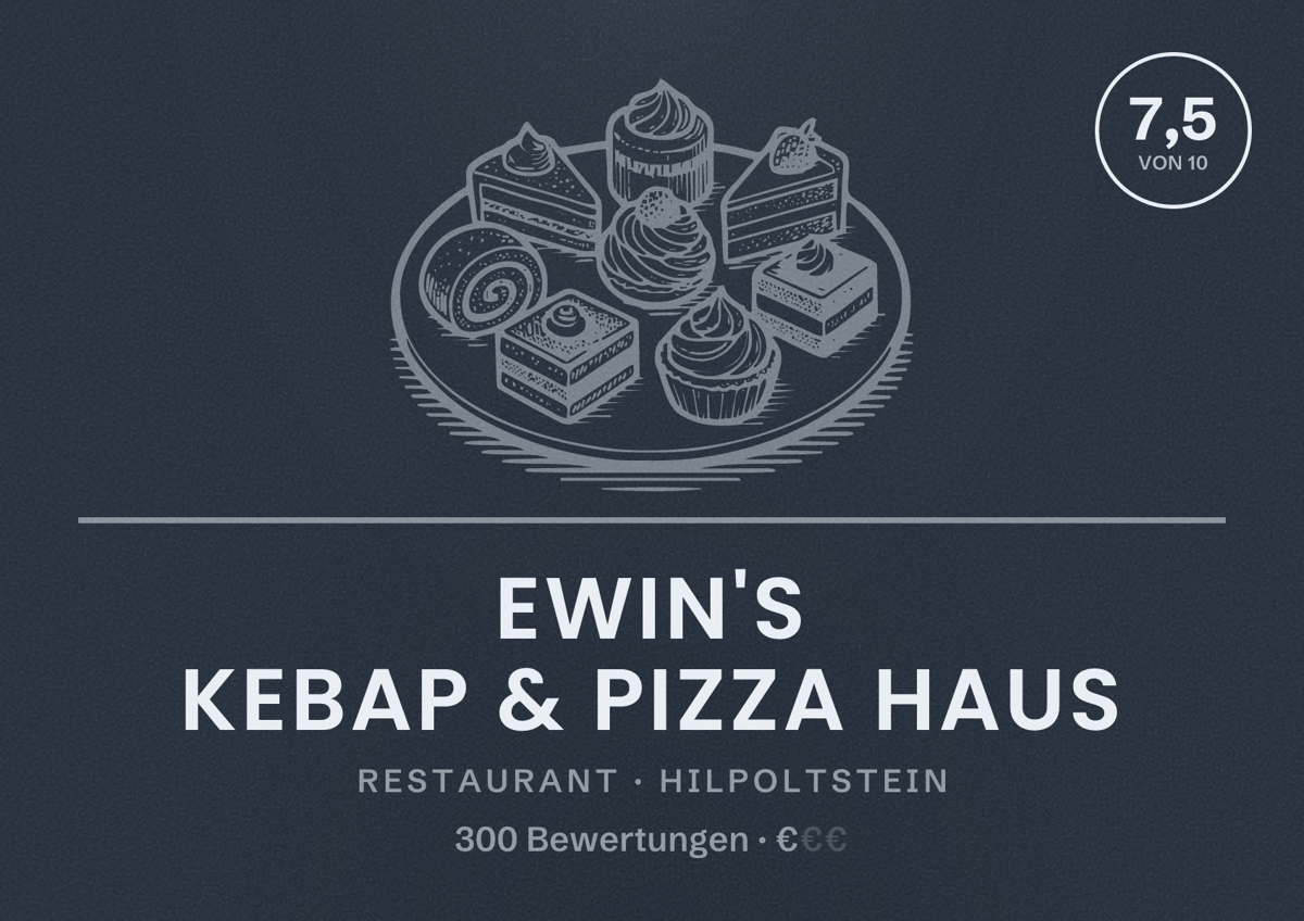 Illustriertes Poster von Ewin's Kebap & Pizza Haus, Restaurant in Hilpoltstein: Bewertung 7,5 von 10 aus 300 Bewertungen, Preisniveau €