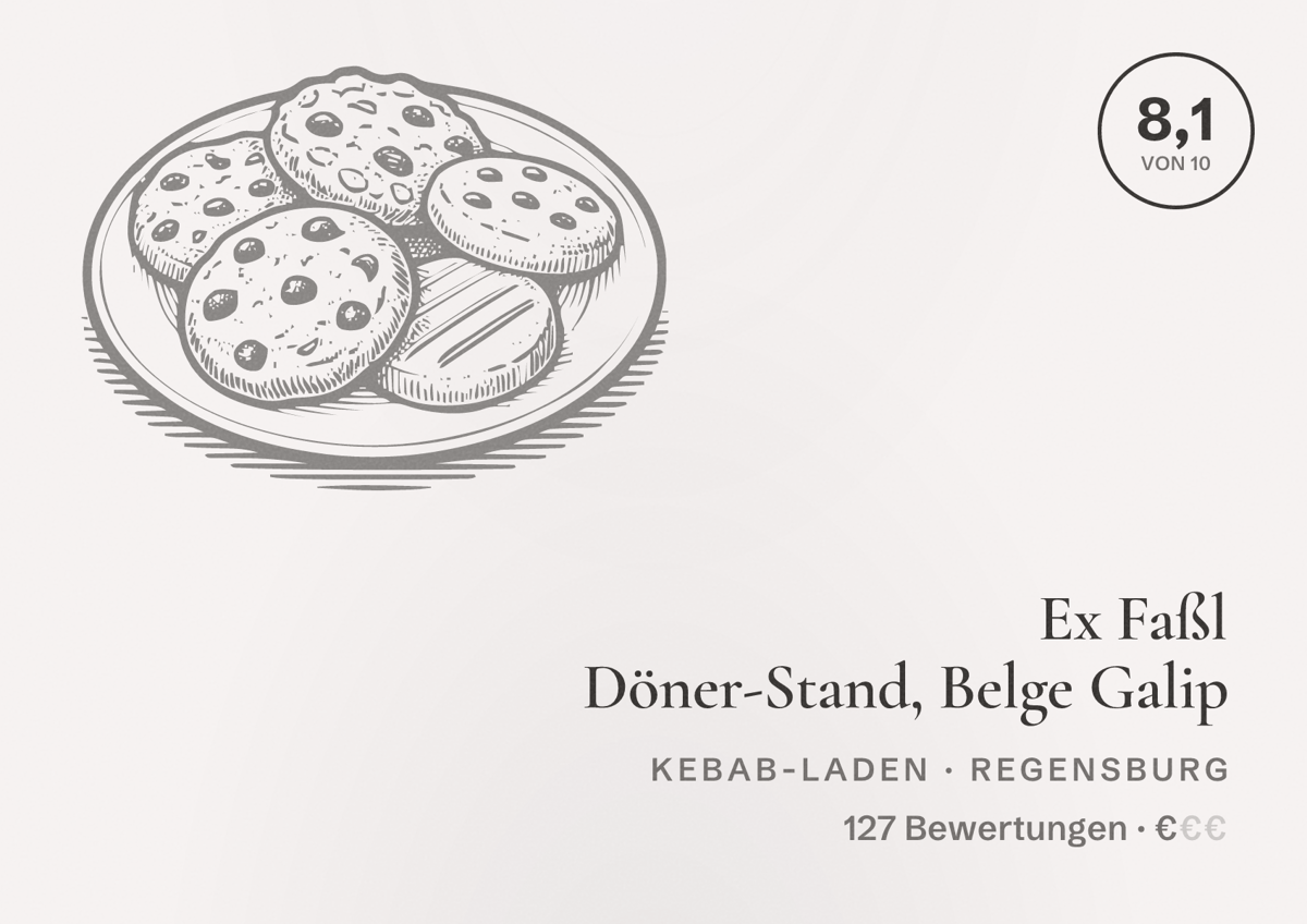 Illustriertes Poster von Ex Faßl Döner-Stand, Belge Galip, Kebab-Laden in Regensburg: Bewertung 8,1 von 10 aus 127 Bewertungen, Preisniveau €