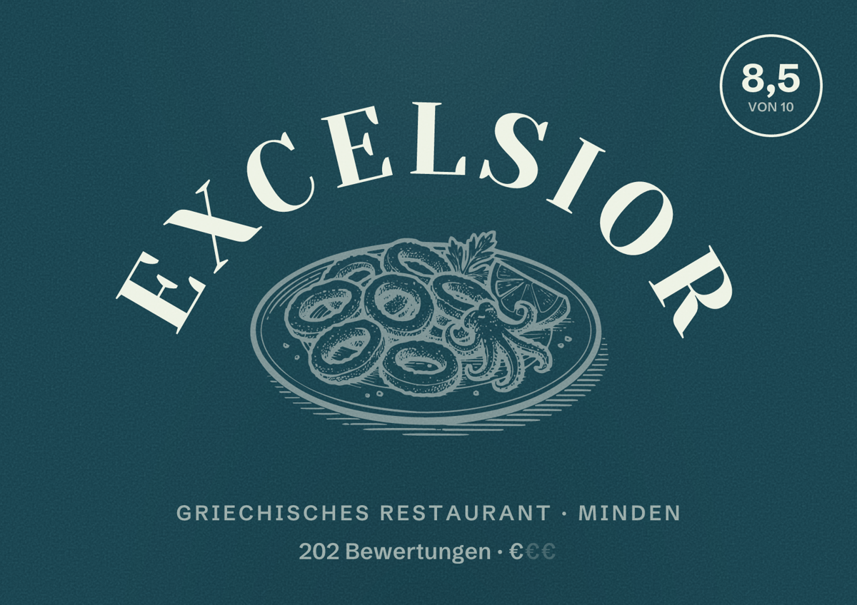 Illustriertes Poster von Excelsior, Griechisches Restaurant in Minden: Bewertung 8,5 von 10 aus 202 Bewertungen, Preisniveau €