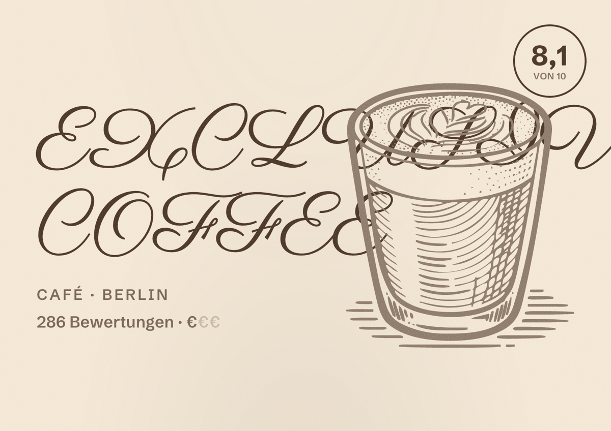 Illustriertes Poster von EXCLUSIVE COFFEE, Café in Berlin: Bewertung 8,1 von 10 aus 286 Bewertungen, Preisniveau €