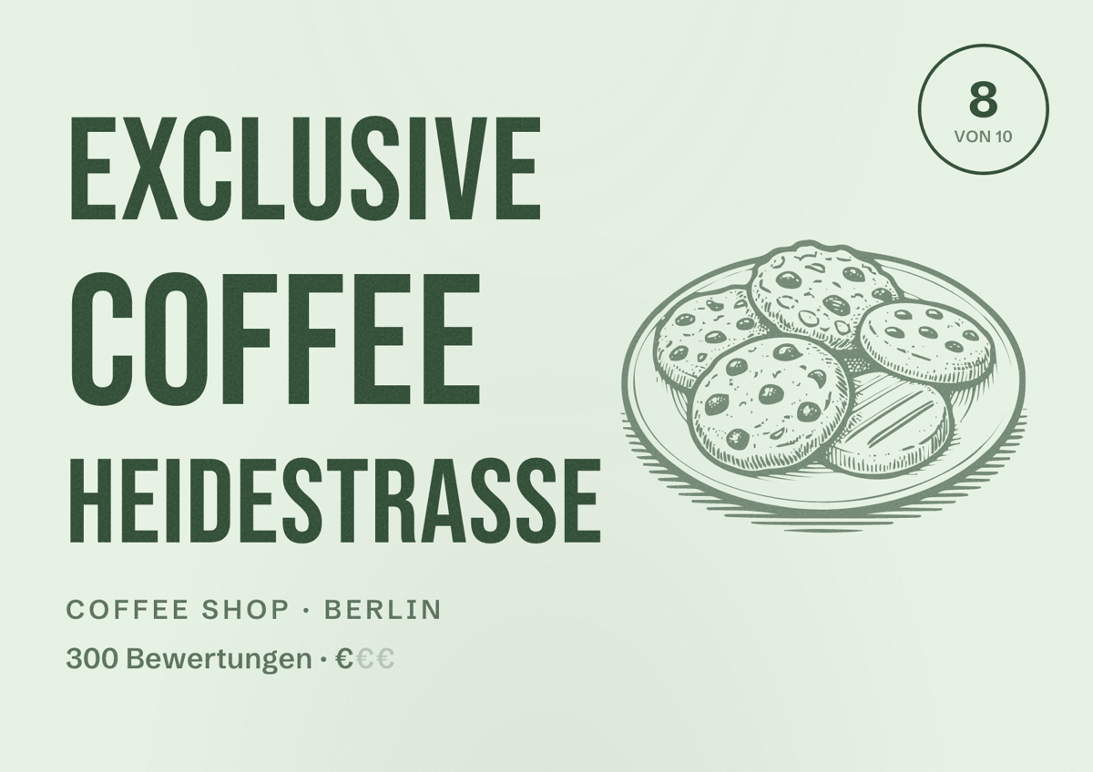 Illustriertes Poster von Exclusive Coffee Heidestraße, Coffee Shop in Berlin: Bewertung 8,0 von 10 aus 300 Bewertungen, Preisniveau €