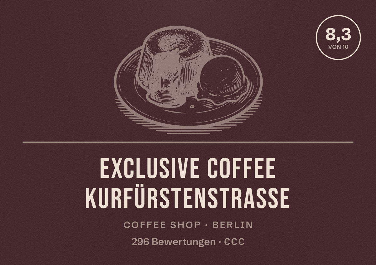 Illustriertes Poster von Exclusive Coffee Kurfürstenstraße, Coffee Shop in Berlin: Bewertung 8,3 von 10 aus 296 Bewertungen, Preisniveau €€€