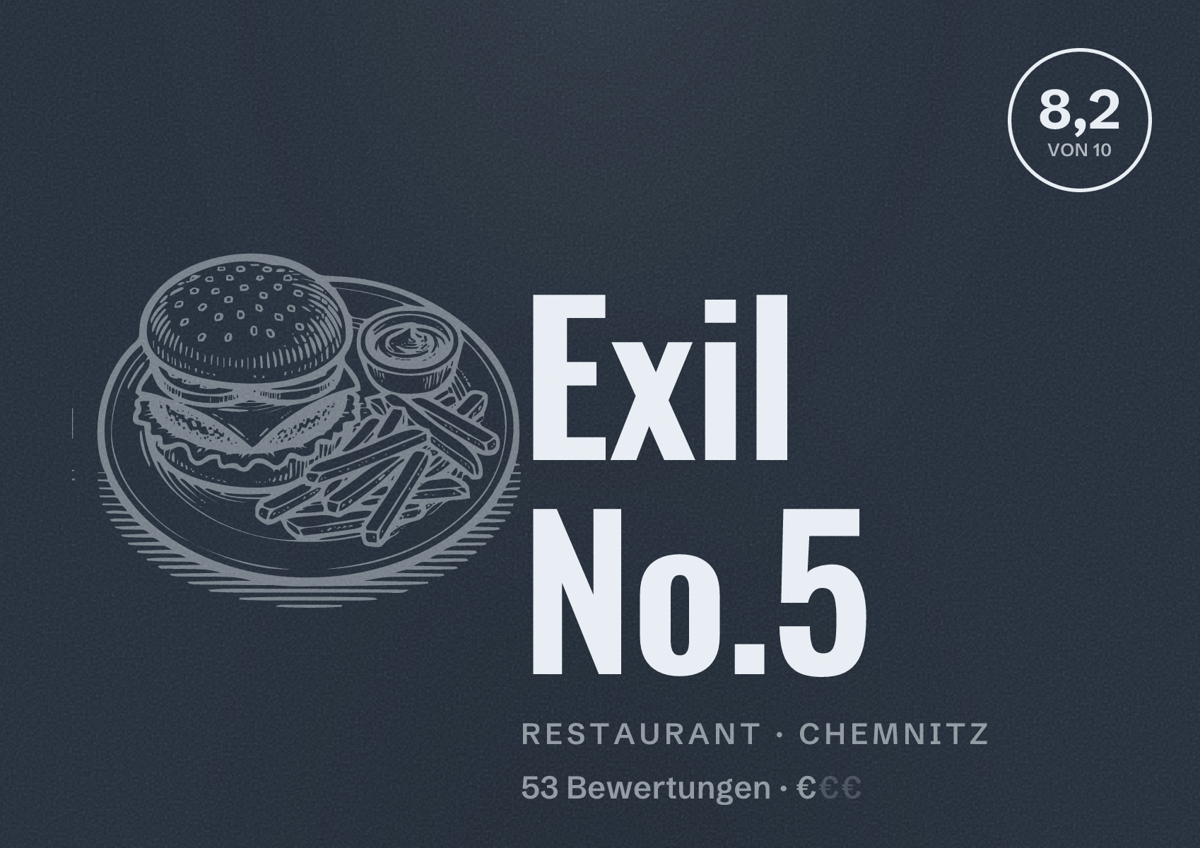 Illustriertes Poster von Exil No.5, Restaurant in Chemnitz: Bewertung 8,2 von 10 aus 53 Bewertungen, Preisniveau €