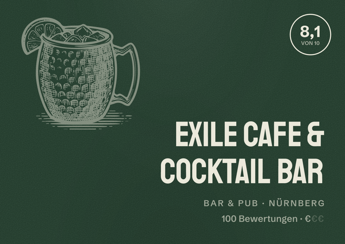 Illustriertes Poster von Exile Cafe & Cocktail Bar, Bar & Pub in Nürnberg: Bewertung 8,1 von 10 aus 100 Bewertungen, Preisniveau €