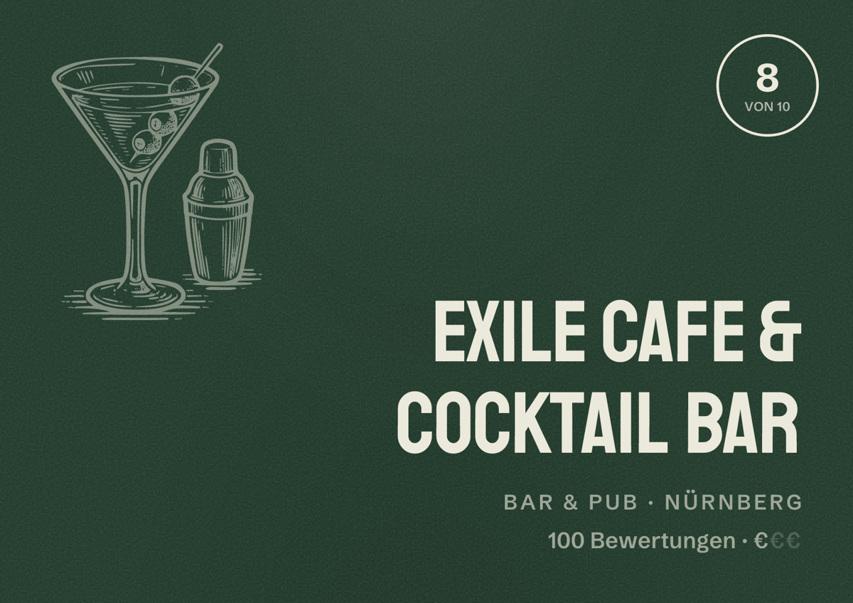 Illustriertes Poster von Exile Cafe & Cocktail Bar, Bar & Pub in Nürnberg: Bewertung 8,0 von 10 aus 100 Bewertungen, Preisniveau €