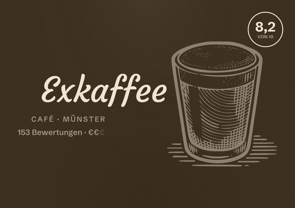Illustriertes Poster von Exkaffee, Café in Münster: Bewertung 8,2 von 10 aus 153 Bewertungen, Preisniveau €€
