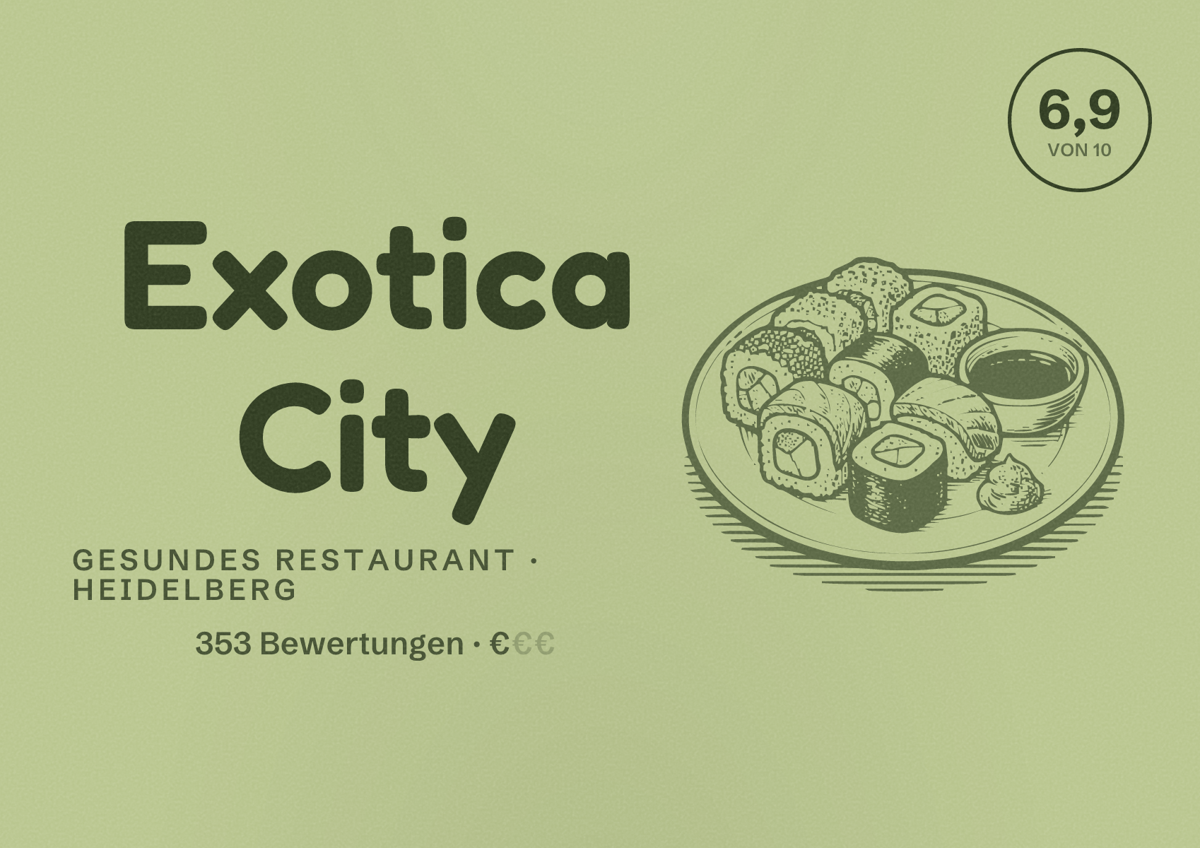 Illustriertes Poster von Exotica City, Gesundes Restaurant in Heidelberg: Bewertung 6,9 von 10 aus 353 Bewertungen, Preisniveau €