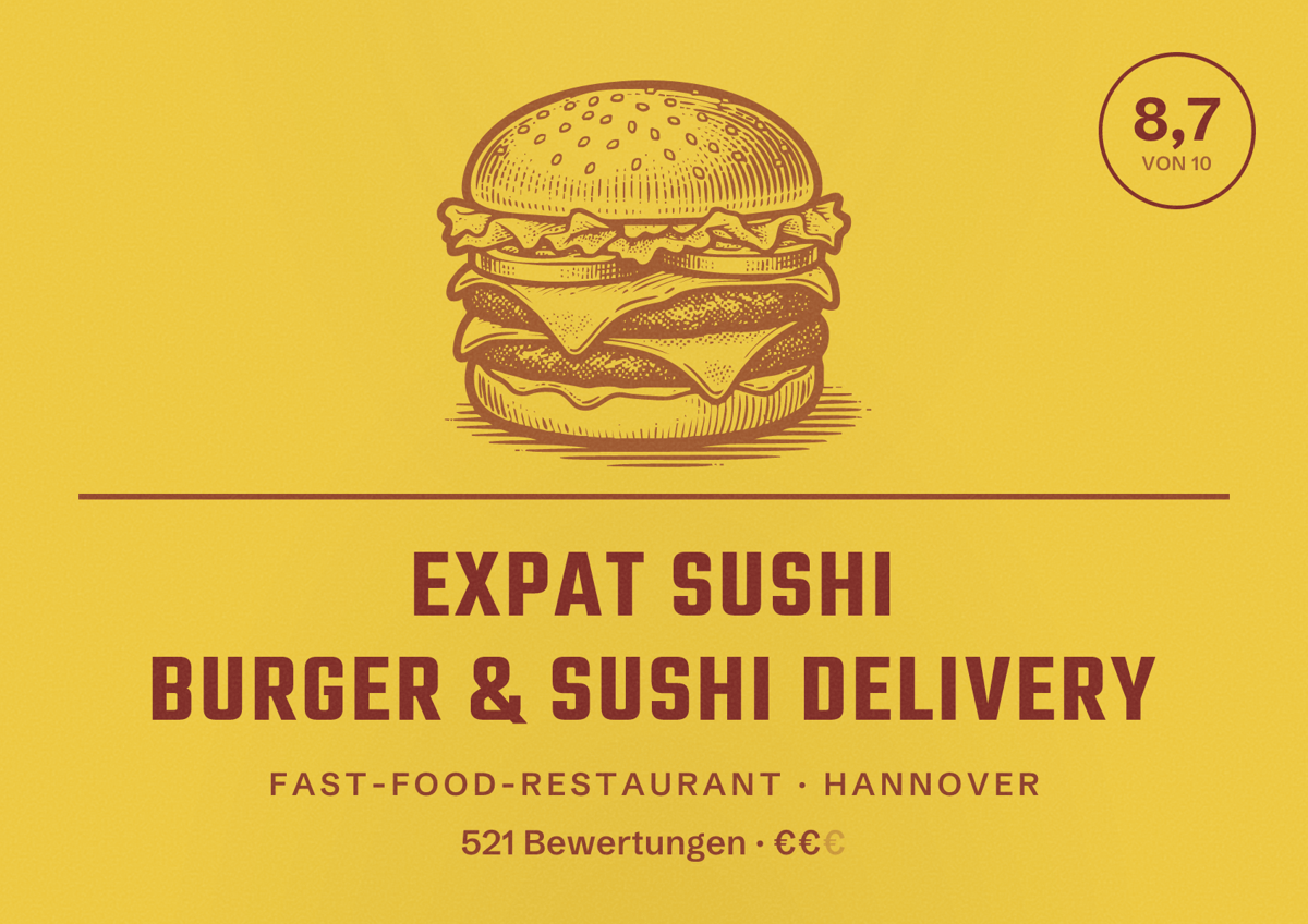 Illustriertes Poster von Expat Sushi Burger & Sushi Delivery, Fast-Food-Restaurant in Hannover: Bewertung 8,7 von 10 aus 521 Bewertungen, Preisniveau €€
