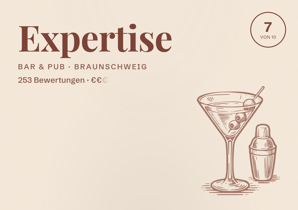 Illustriertes Poster von Expertise, Bar & Pub in Braunschweig: Gästebewertung 7 von 10 aus 253 Bewertungen