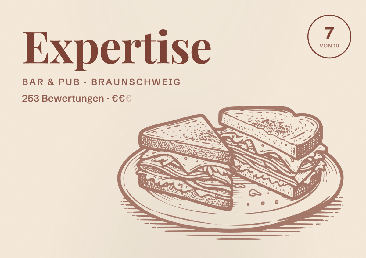 Illustriertes Poster von Expertise, Bar & Pub in Braunschweig: Bewertung 7,0 von 10 aus 253 Bewertungen, Preisniveau €€