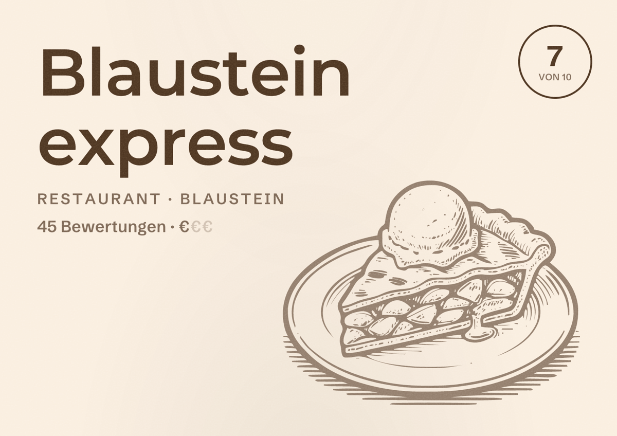 Illustriertes Poster von Blaustein express, Restaurant in Blaustein: Bewertung 7 von 10 aus 45 Bewertungen, Preisniveau €