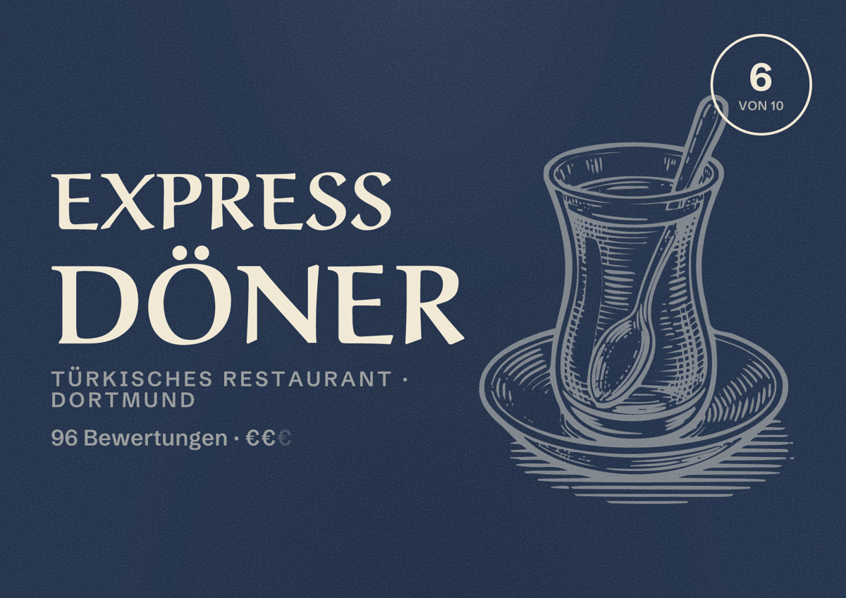 Illustriertes Poster von Express Döner, Türkisches Restaurant in Dortmund: Bewertung 6,0 von 10 aus 96 Bewertungen, Preisniveau €€