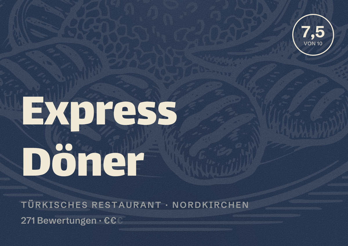 Illustriertes Poster von Express Döner, Türkisches Restaurant in Nordkirchen: Bewertung 7,5 von 10 aus 271 Bewertungen, Preisniveau €€