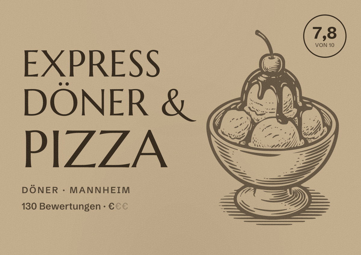 Illustriertes Poster von Express Döner & Pizza, Döner in Mannheim: Bewertung 7,8 von 10 aus 130 Bewertungen, Preisniveau €