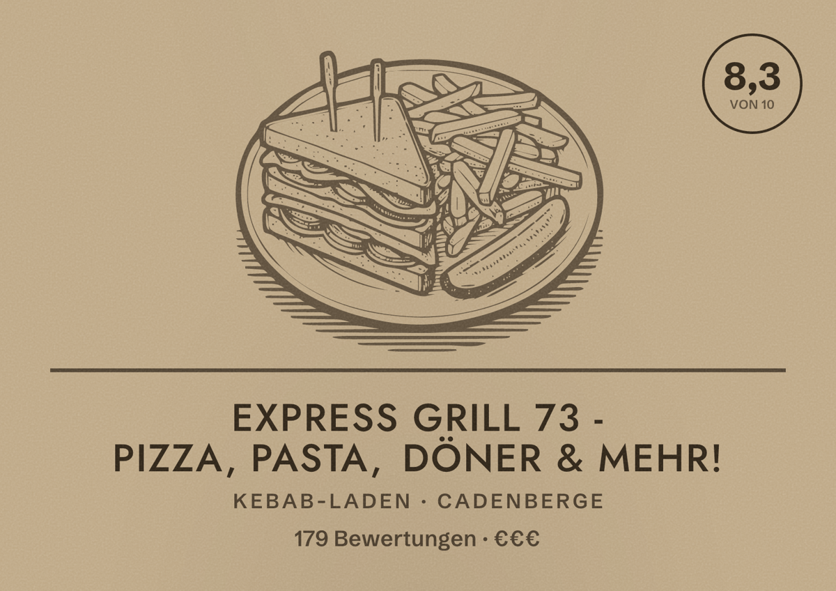 Illustriertes Poster von Express Grill 73 - Pizza, Pasta, Döner & mehr!, Kebab-Laden in Cadenberge: Bewertung 8,3 von 10 aus 179 Bewertungen, Preisniveau €€€