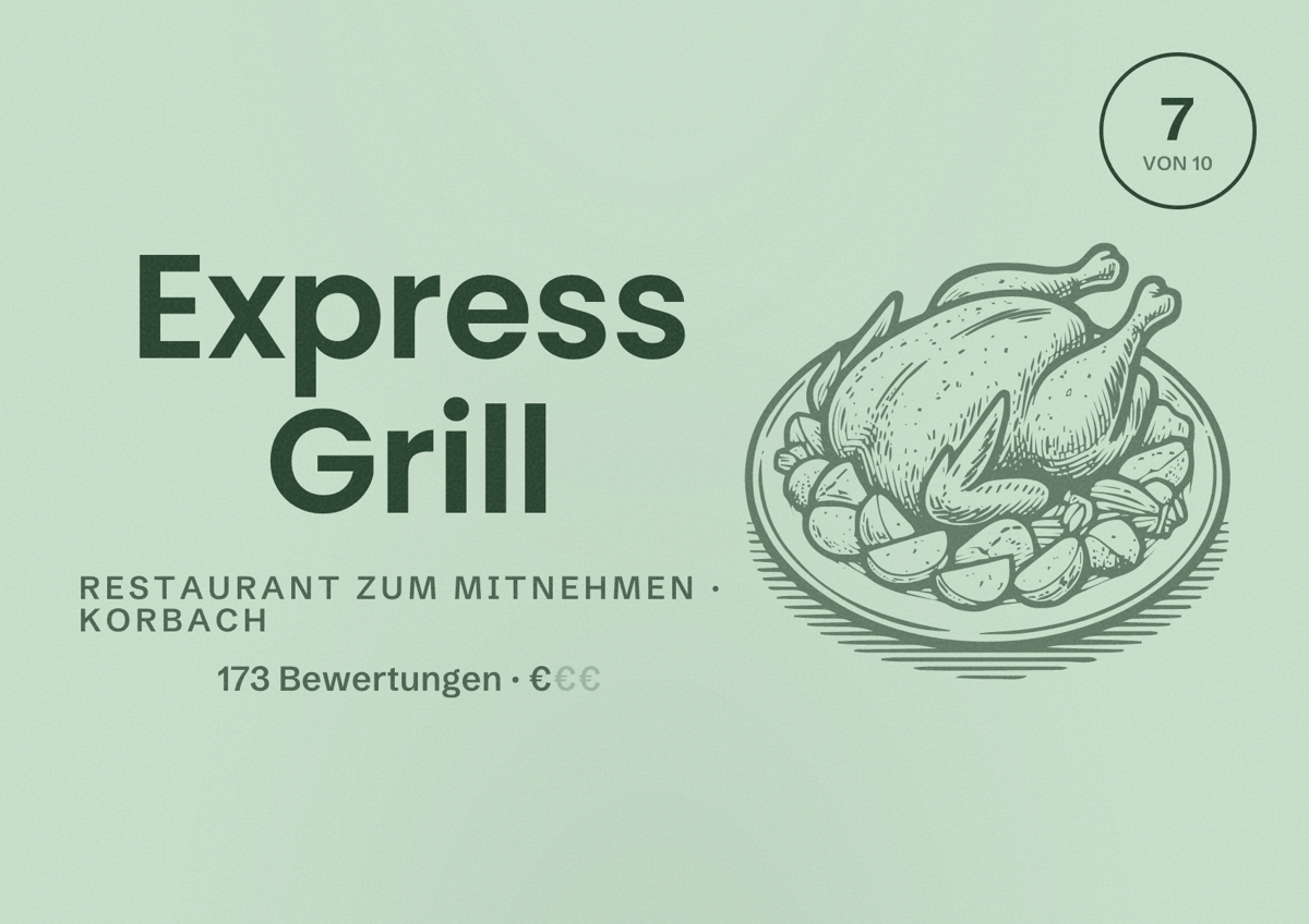 Illustriertes Poster von Express Grill, Restaurant zum Mitnehmen in Korbach: Bewertung 7 von 10 aus 173 Bewertungen, Preisniveau €