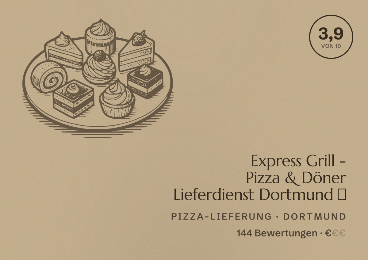 Illustriertes Poster von Express Grill - Pizza & Döner Lieferdienst Dortmund 🍕, Pizza-Lieferung in Dortmund: Bewertung 3,9 von 10 aus 144 Bewertungen, Preisniveau €