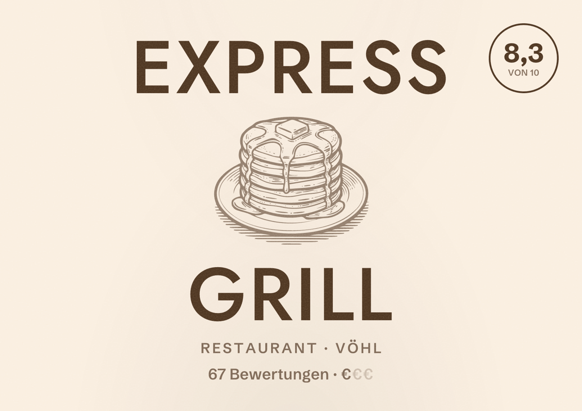 Illustriertes Poster von Express Grill, Restaurant in Vöhl: Bewertung 8,3 von 10 aus 67 Bewertungen, Preisniveau €