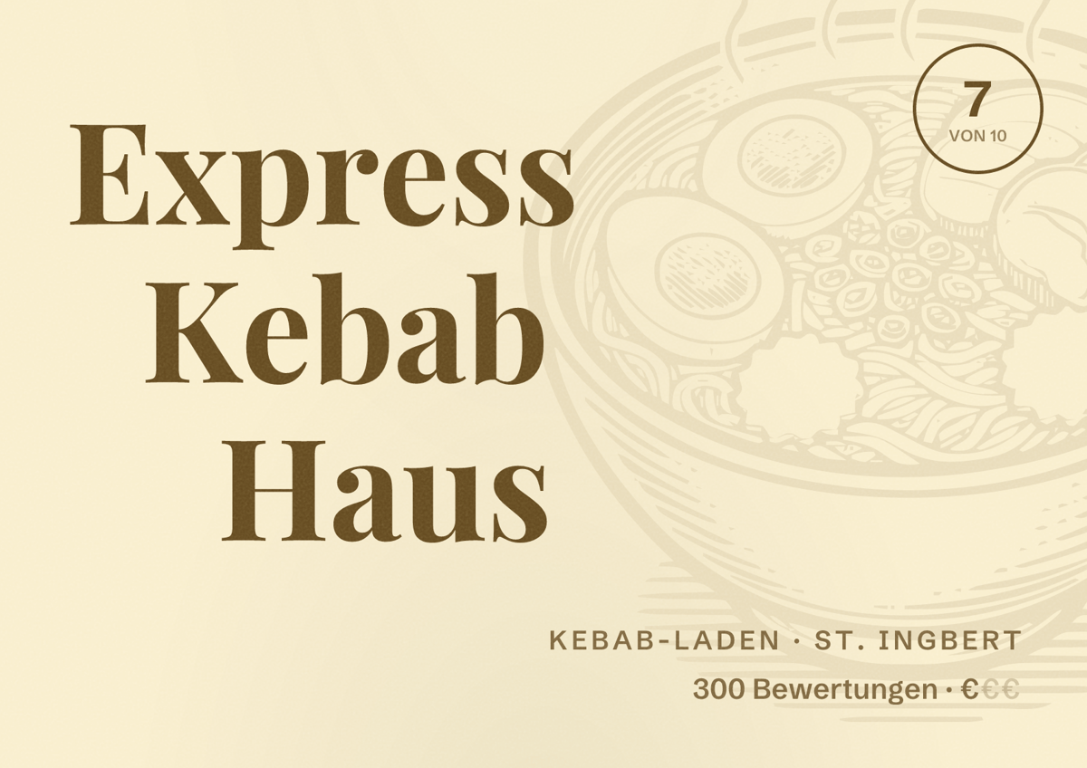 Illustriertes Poster von Express Kebab Haus, Kebab-Laden in St. Ingbert: Bewertung 7 von 10 aus 300 Bewertungen, Preisniveau €