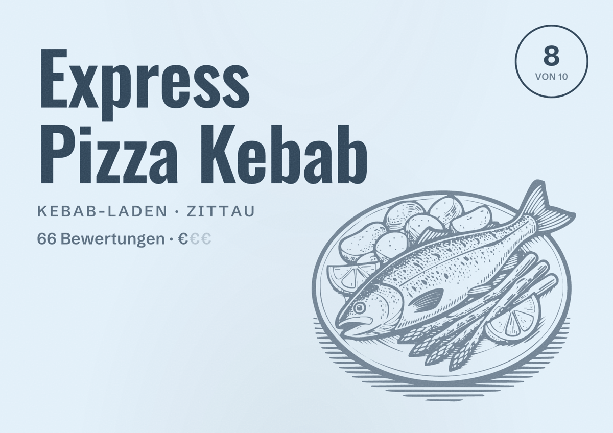 Illustriertes Poster von Express Pizza Kebab, Kebab-Laden in Zittau: Bewertung 8 von 10 aus 66 Bewertungen, Preisniveau €