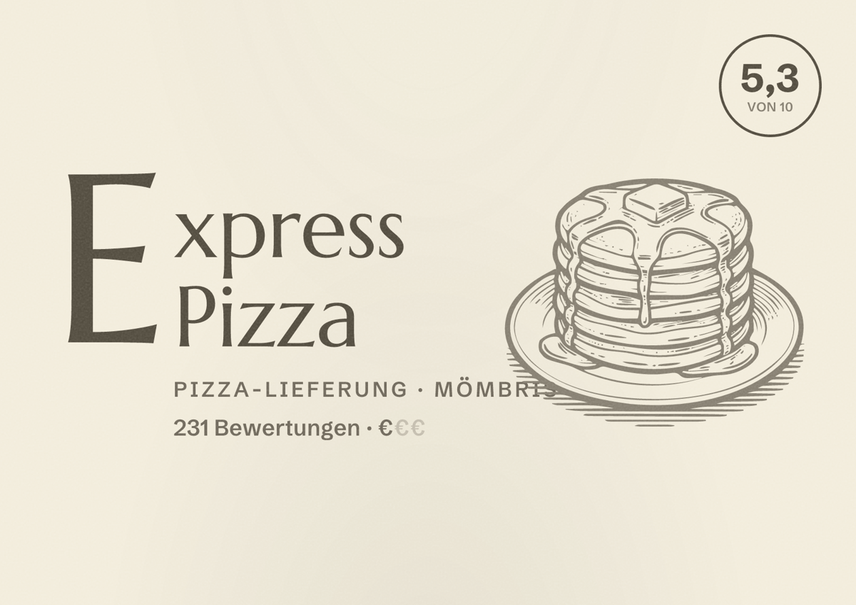 Illustriertes Poster von Express Pizza, Pizza-Lieferung in Mömbris: Bewertung 5,3 von 10 aus 231 Bewertungen, Preisniveau €