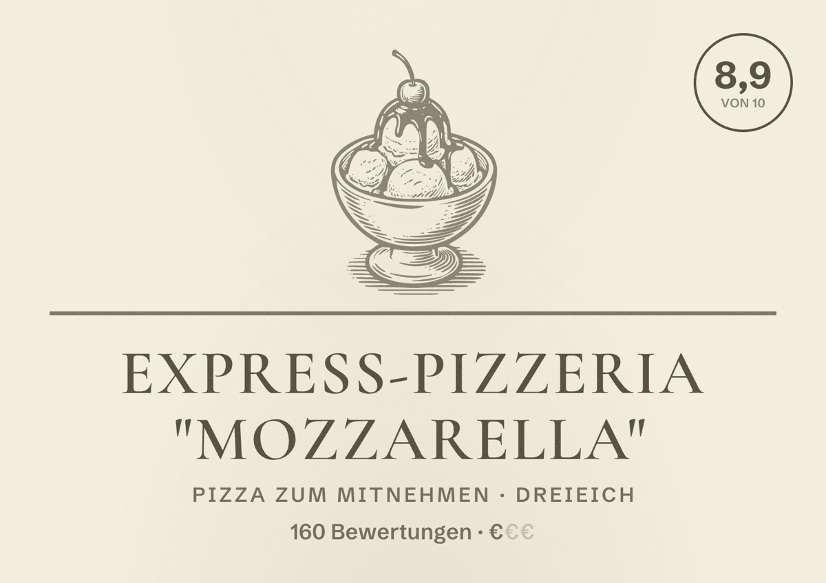 Illustriertes Poster von Express-Pizzeria "MOZZARELLA", Pizza zum Mitnehmen in Dreieich: Bewertung 8,9 von 10 aus 160 Bewertungen, Preisniveau €