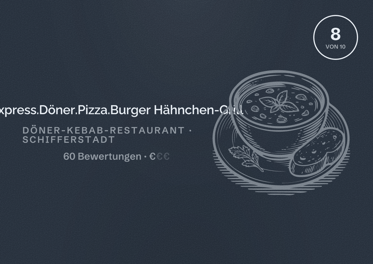 Illustriertes Poster von Express.Döner.Pizza.Burger Hähnchen-Grill, Döner-Kebab-Restaurant in Schifferstadt: Bewertung 8 von 10 aus 60 Bewertungen, Preisniveau €