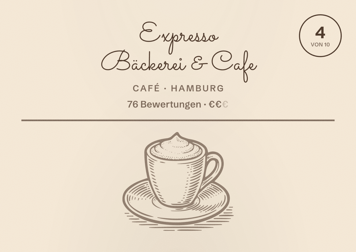 Illustriertes Poster von Expresso Bäckerei & Cafe, Café in Hamburg: Bewertung 4 von 10 aus 76 Bewertungen, Preisniveau €€
