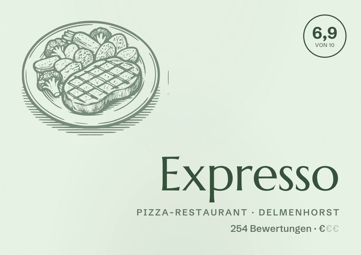 Illustriertes Poster von Expresso, Pizza-Restaurant in Delmenhorst: Bewertung 6,9 von 10 aus 254 Bewertungen, Preisniveau €
