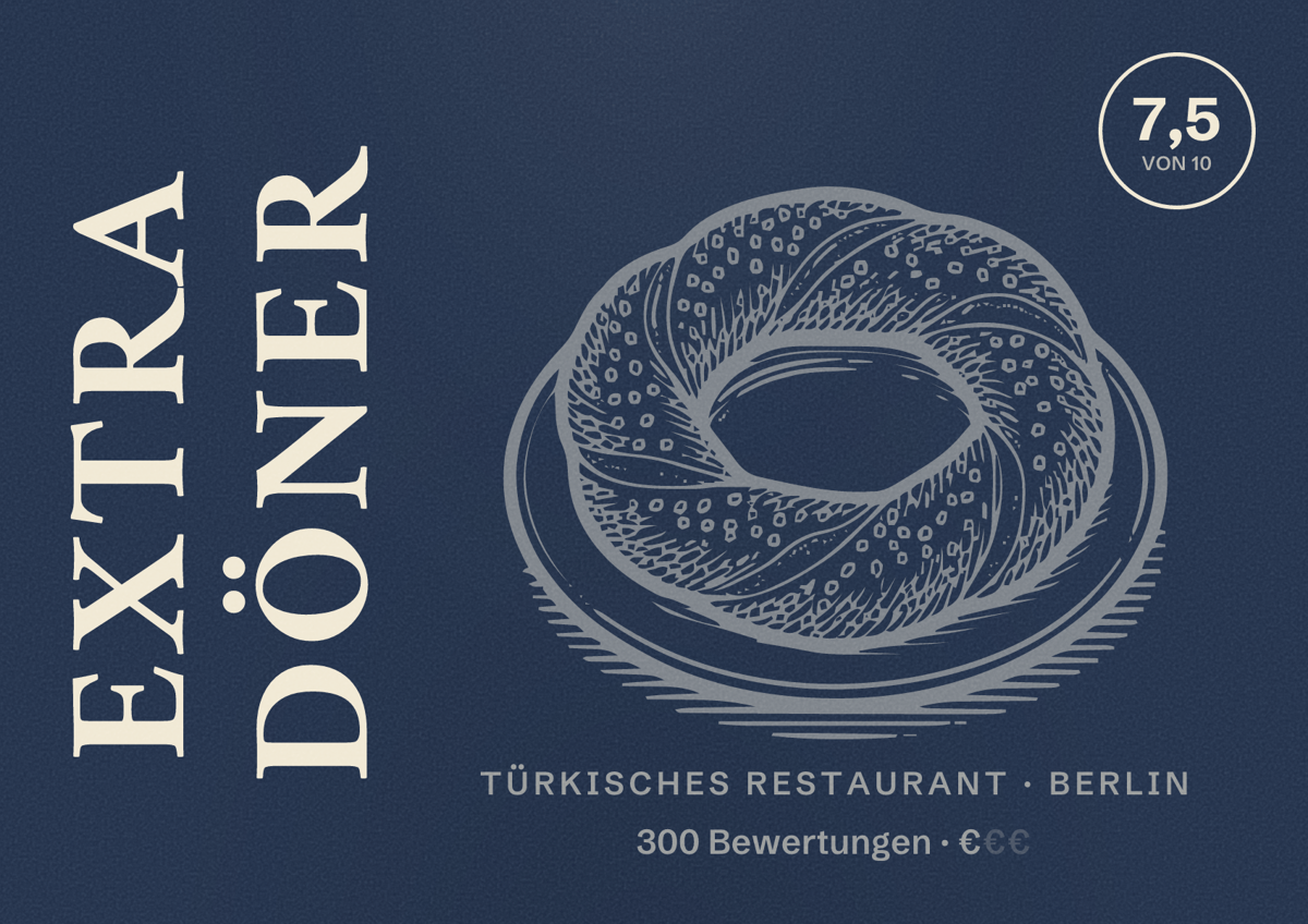 Illustriertes Poster von Extra Döner, Türkisches Restaurant in Berlin: Bewertung 7,5 von 10 aus 300 Bewertungen, Preisniveau €