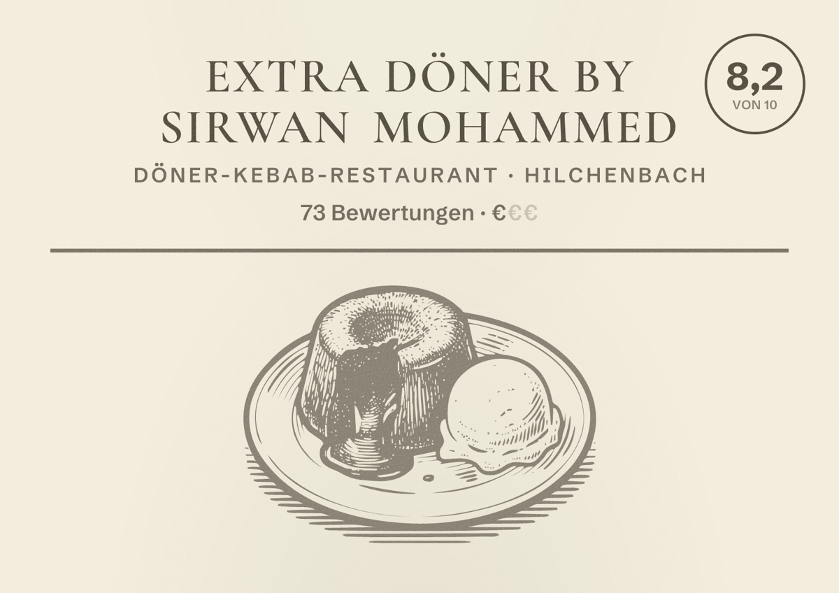 Illustriertes Poster von EXTRA DÖNER by Sirwan Mohammed, Döner-Kebab-Restaurant in Hilchenbach: Bewertung 8,2 von 10 aus 73 Bewertungen, Preisniveau €