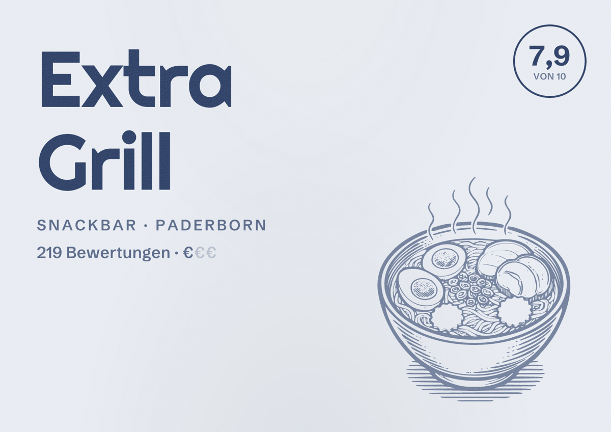 Illustriertes Poster von Extra Grill, Snackbar in Paderborn: Bewertung 7,9 von 10 aus 219 Bewertungen, Preisniveau €