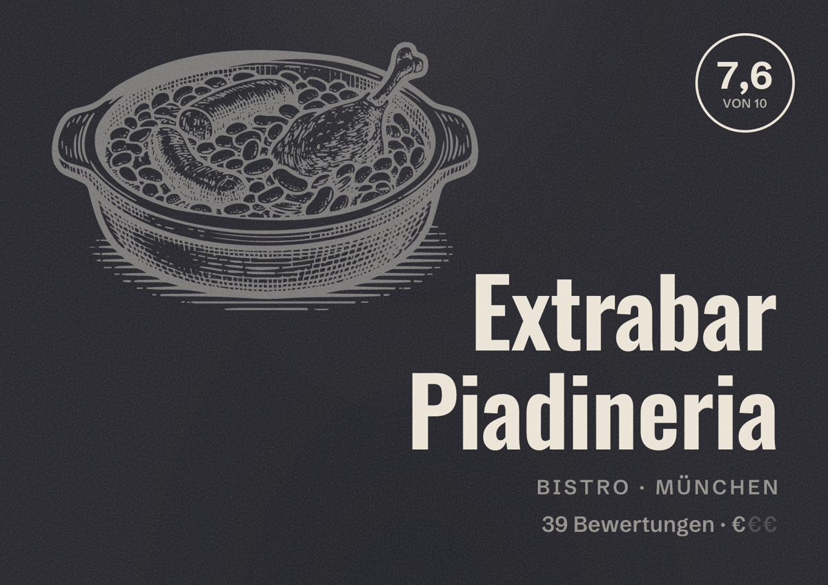 Illustriertes Poster von Extrabar Piadineria, Bistro in München: Bewertung 7,6 von 10 aus 39 Bewertungen, Preisniveau €