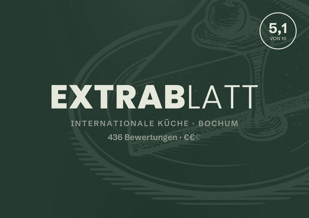Illustriertes Poster von Extrablatt, Internationale Küche in Bochum: Bewertung 5,1 von 10 aus 436 Bewertungen, Preisniveau €€