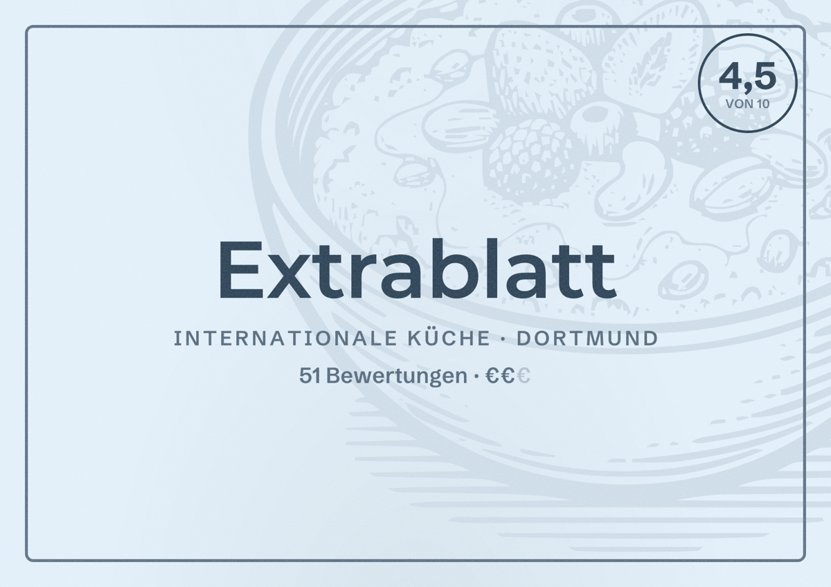 Illustriertes Poster von Extrablatt, Internationale Küche in Dortmund: Gästebewertung 4,5 von 10 aus 51 Bewertungen