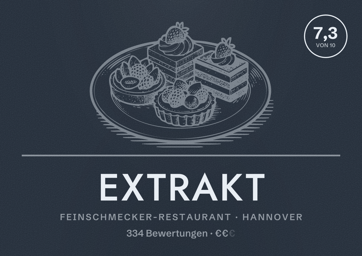 Illustriertes Poster von Extrakt, Feinschmecker-Restaurant in Hannover: Bewertung 7,3 von 10 aus 334 Bewertungen, Preisniveau €€