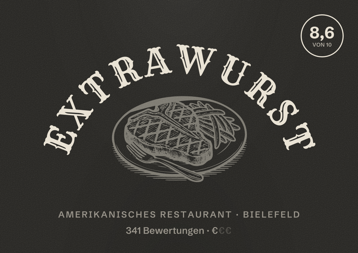 Illustriertes Poster von Extrawurst, Amerikanisches Restaurant in Bielefeld: Bewertung 8,6 von 10 aus 341 Bewertungen, Preisniveau €