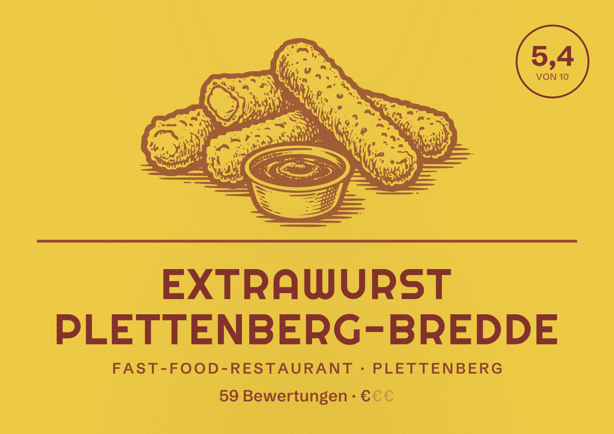 Illustriertes Poster von Extrawurst Plettenberg-Bredde, Fast-Food-Restaurant in Plettenberg: Bewertung 5,4 von 10 aus 59 Bewertungen, Preisniveau €
