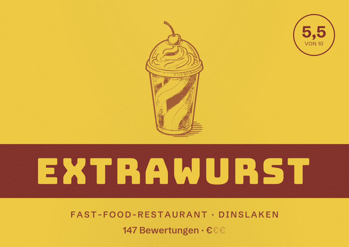 Illustriertes Poster von Extrawurst, Fast-Food-Restaurant in Dinslaken: Bewertung 5,5 von 10 aus 147 Bewertungen, Preisniveau €