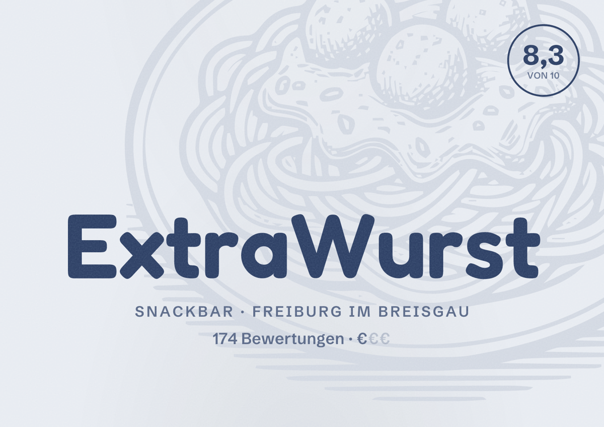 Illustriertes Poster von ExtraWurst, Snackbar in Freiburg im Breisgau: Bewertung 8,3 von 10 aus 174 Bewertungen, Preisniveau €