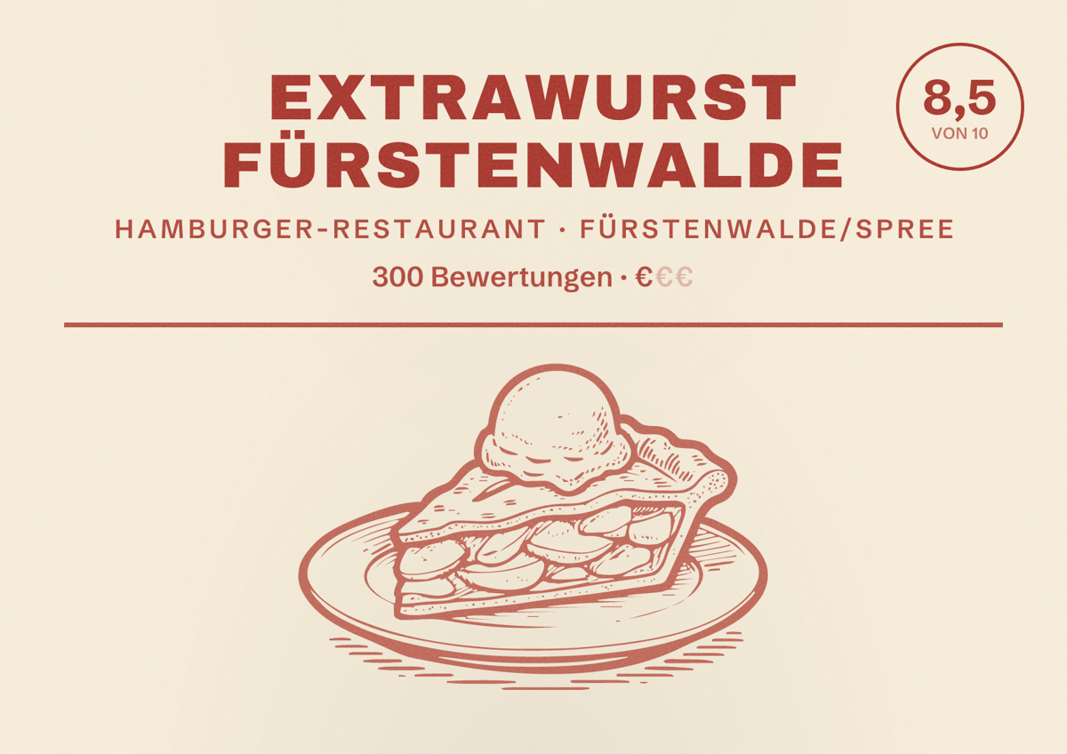 Illustriertes Poster von extrawurst Fürstenwalde, Hamburger-Restaurant in Fürstenwalde/Spree: Bewertung 8,5 von 10 aus 300 Bewertungen, Preisniveau €