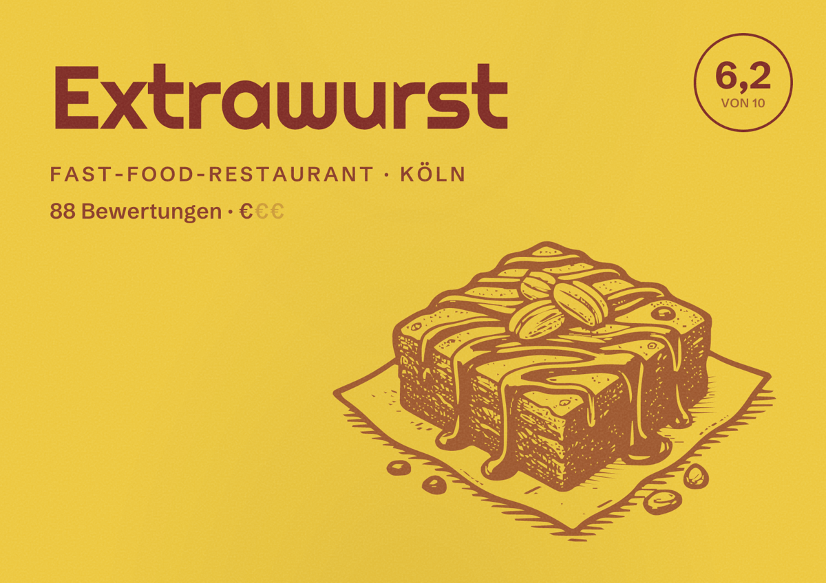Illustriertes Poster von Extrawurst, Fast-Food-Restaurant in Köln: Bewertung 6,2 von 10 aus 88 Bewertungen, Preisniveau €