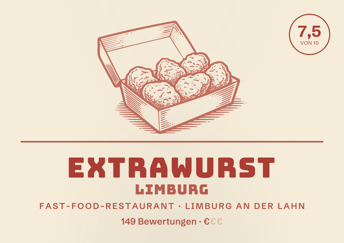 Illustriertes Poster von Extrawurst Limburg, Fast-Food-Restaurant in Limburg an der Lahn: Bewertung 7,5 von 10 aus 149 Bewertungen, Preisniveau €