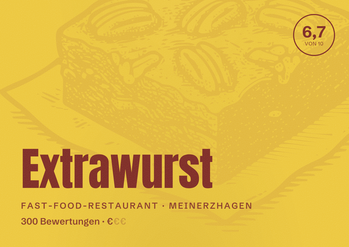 Illustriertes Poster von Extrawurst, Fast-Food-Restaurant in Meinerzhagen: Bewertung 6,7 von 10 aus 300 Bewertungen, Preisniveau €