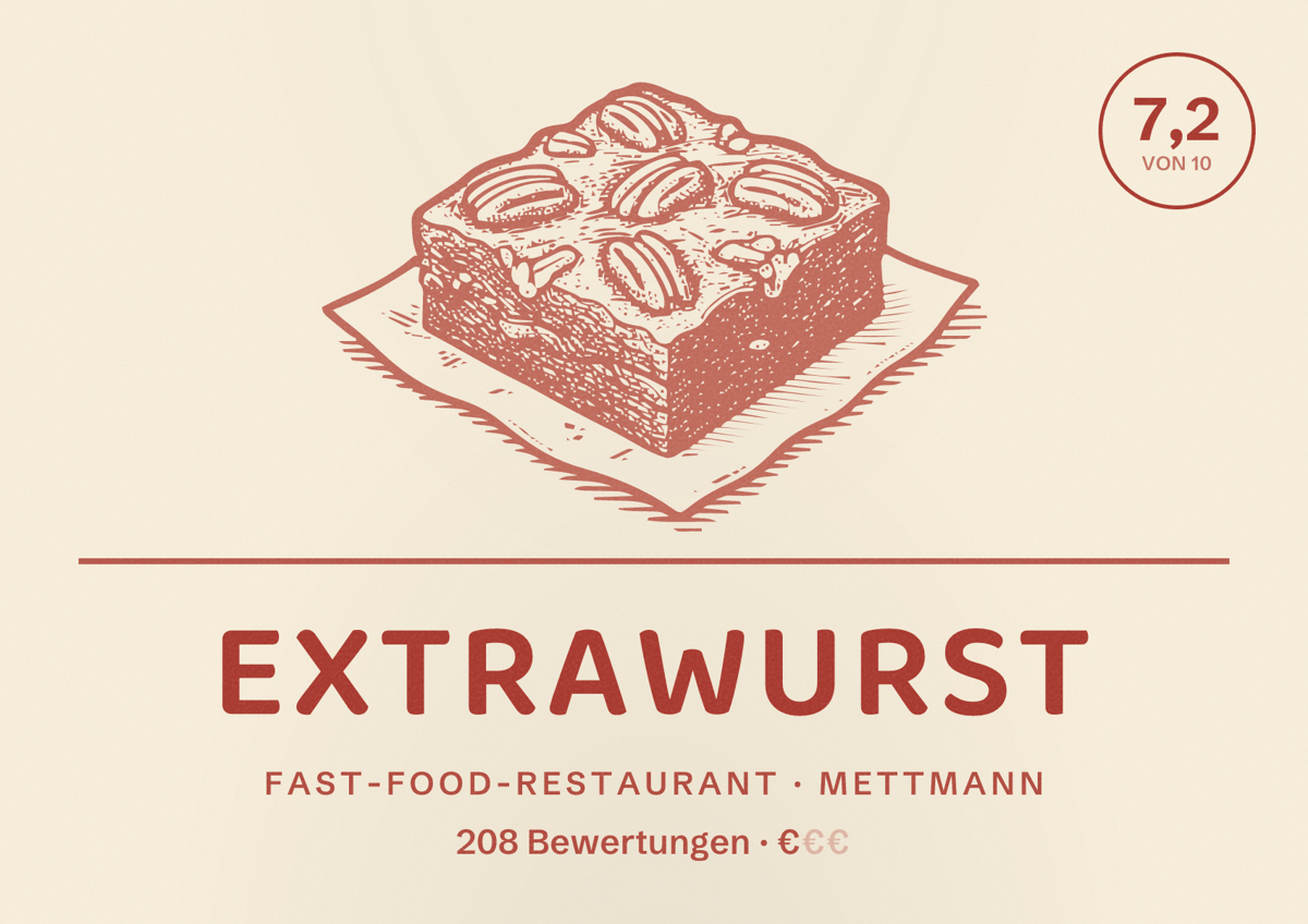 Illustriertes Poster von Extrawurst, Fast-Food-Restaurant in Mettmann: Bewertung 7,2 von 10 aus 208 Bewertungen, Preisniveau €