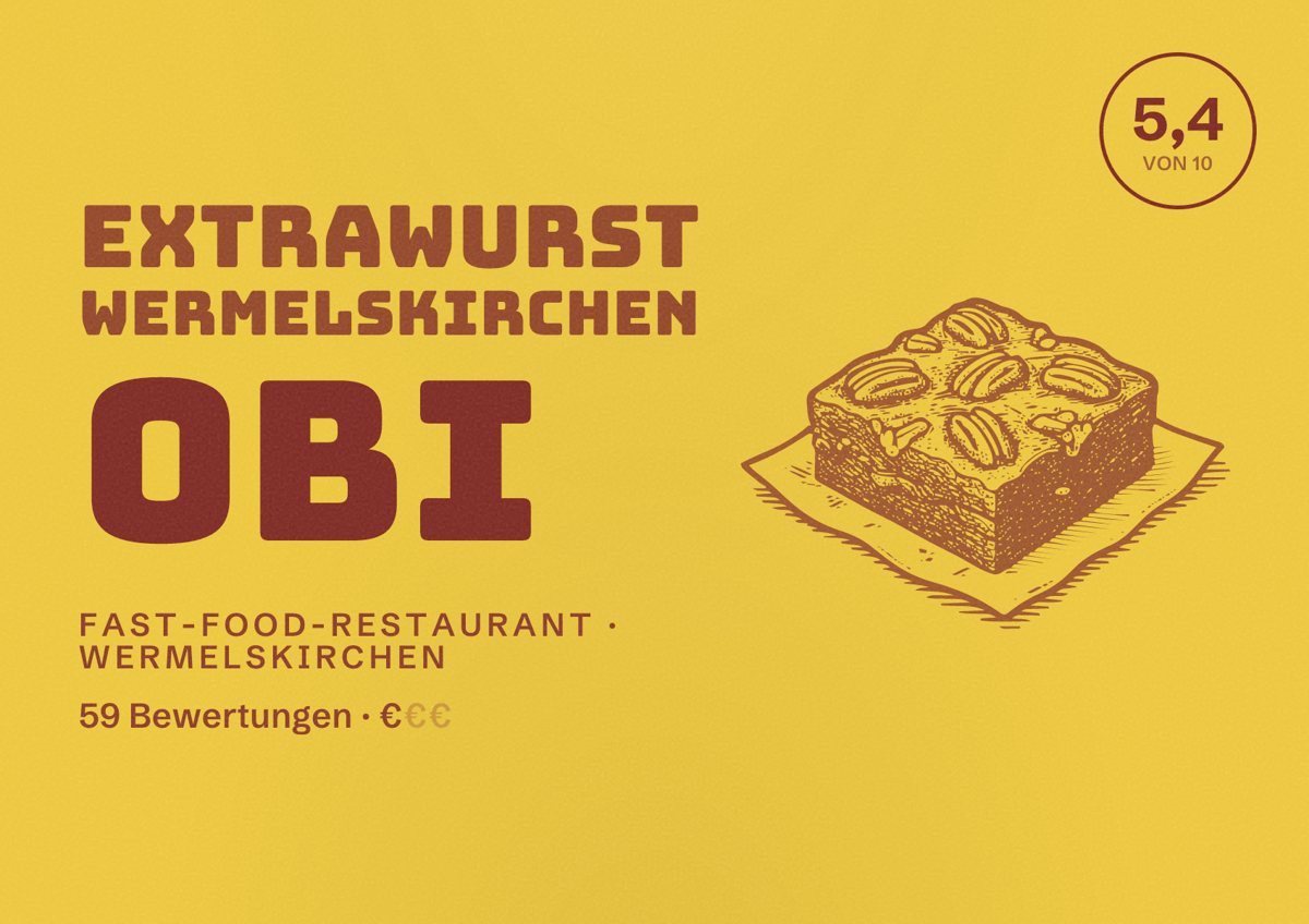 Illustriertes Poster von Extrawurst Wermelskirchen OBI, Fast-Food-Restaurant in Wermelskirchen: Bewertung 5,4 von 10 aus 59 Bewertungen, Preisniveau €