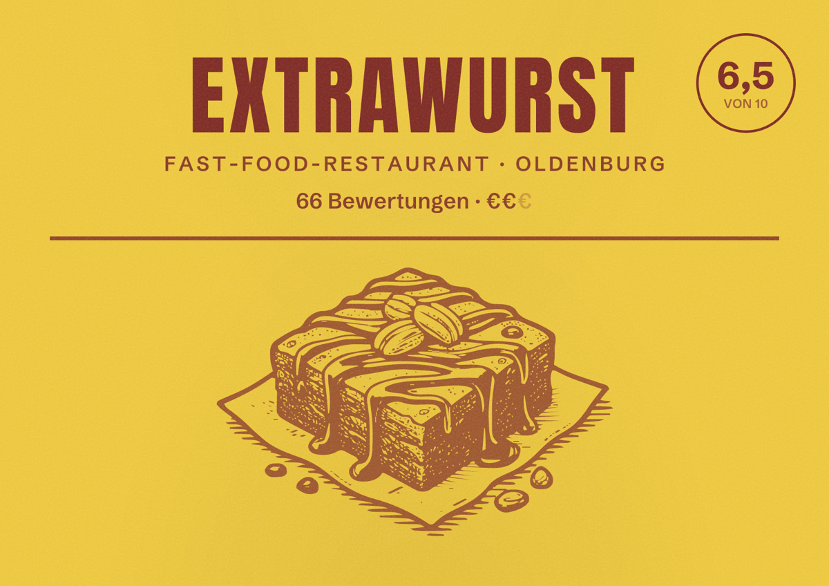 Illustriertes Poster von Extrawurst, Fast-Food-Restaurant in Oldenburg: Bewertung 6,5 von 10 aus 66 Bewertungen, Preisniveau €€
